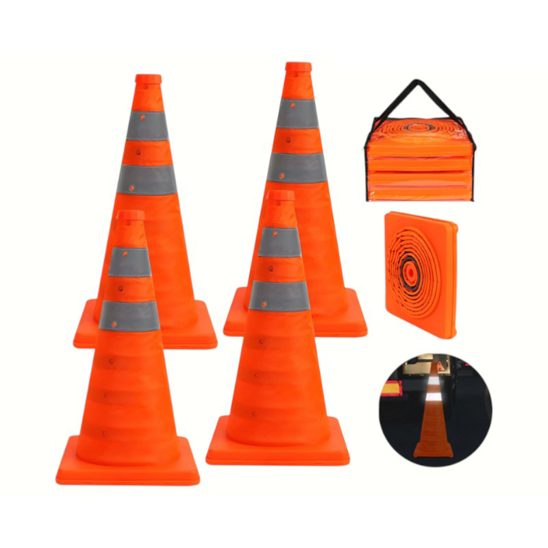 Cone de tráfego dobrável multifuncional portátil reflexivo de alta intensidade com luz de advertência LED plug-in montada na parte superior para operações móveis e de emergência